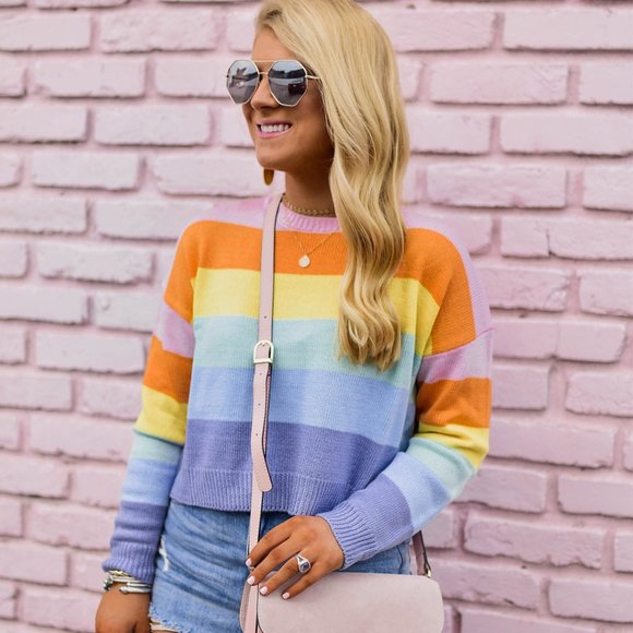 ❌SOLD❌ Forever 21 Boxy Pastel Rainbow Colorblock Stripe Sweater - Picture 10 of 10